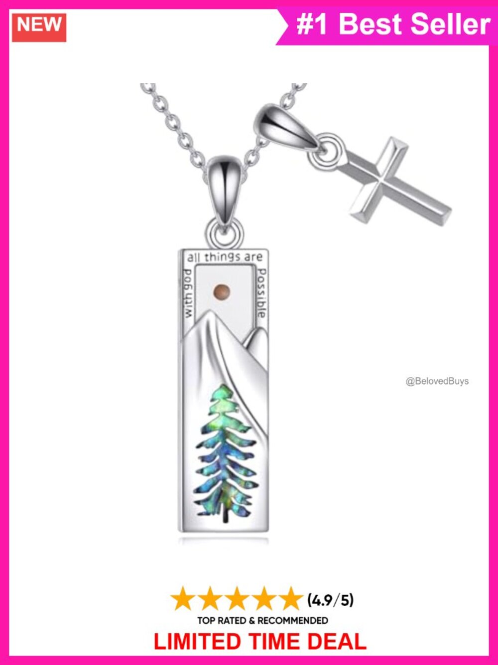 Sterling Silver Mountain Cross Pendant Necklace Abalone Inlay 18"